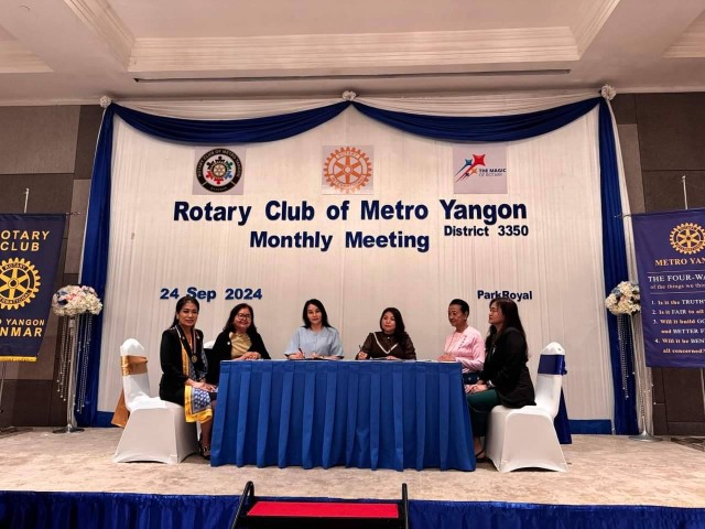 24/09/2024, Community Development Project Chair Daw Soe Moe Thu and Daw Hlaing Hlaing Nyein (Managing Director of Brani Business Group) signed the Mushroom Project MOU, which is an Economic & Community Development Project at RCMY’s Regular Meeting .
