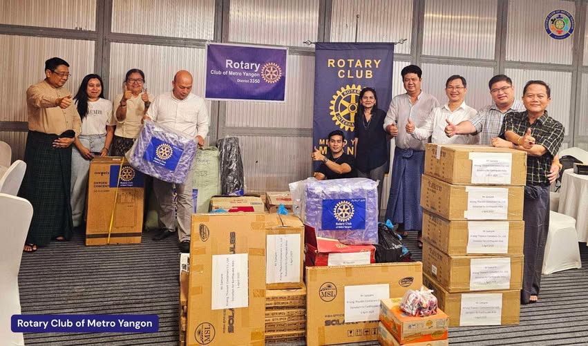 To provide emergency assistance to earthquake-affected communities, the Rotary Club of Metro Yangon (RCMY) has donated emergency relief supplies to the Pearl Myothit Fire Brigade.